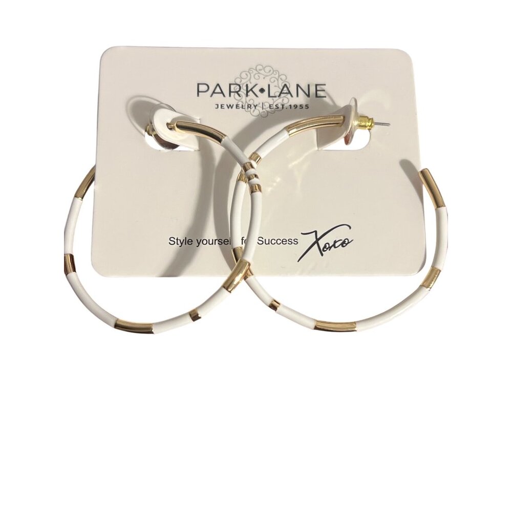 Park Lane Gold Tone Hoop Earrings White Enamel Pierced 2" Across New on Card